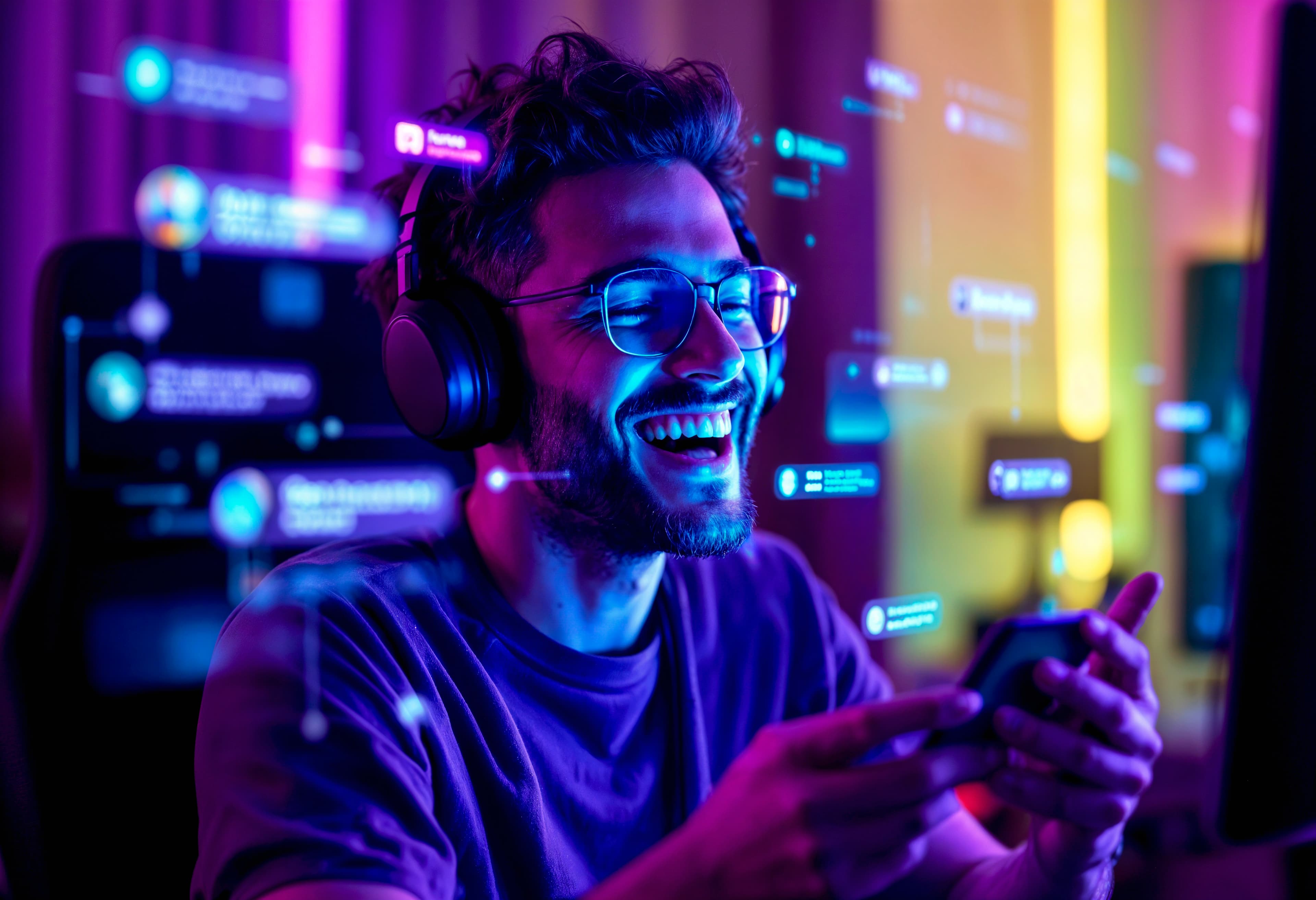 SoftSystem Telecom - Jogador feliz usando internet de alta velocidade